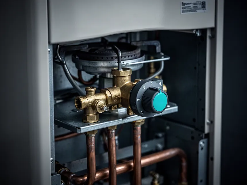 Burner assembly and brass gas control valve inside an opened gas hot water unit
