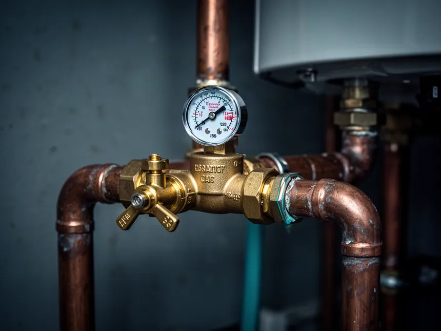 New brass relief valve and isolation cock fitted to the copper pipework of a gas hot water unit