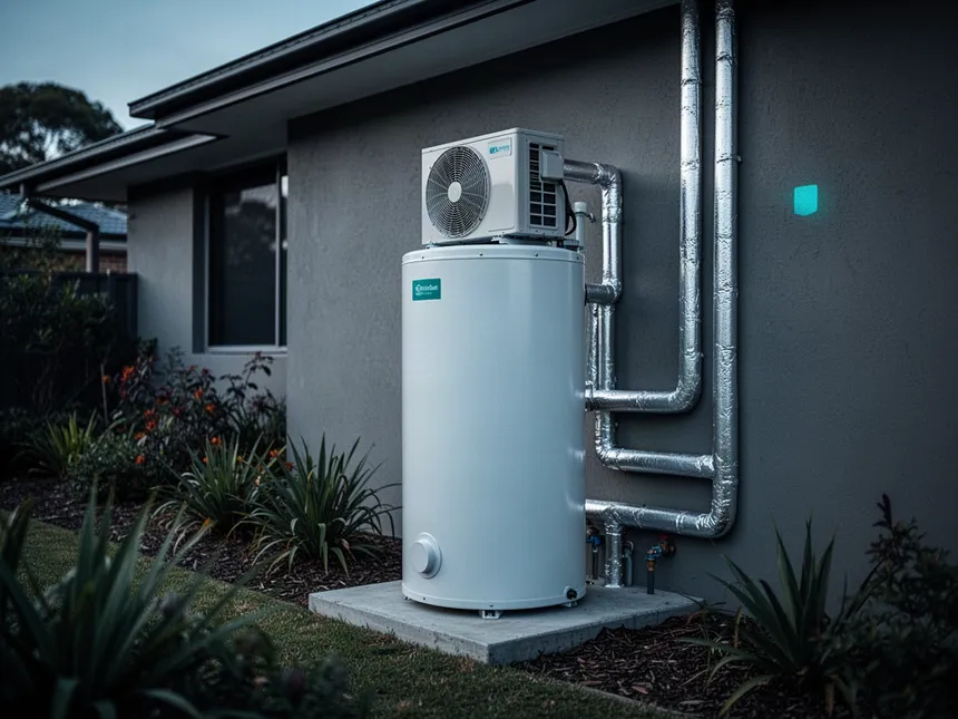 Integrated heat pump hot water system with the fan unit built into the top of the tank