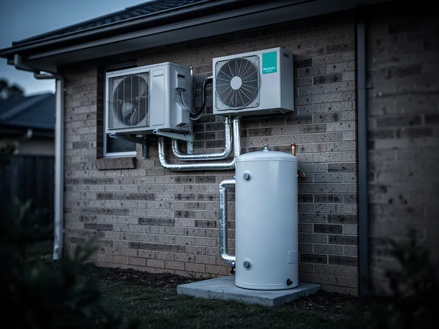 Split system heat pump hot water setup with a wall-mounted compressor and separate storage tank