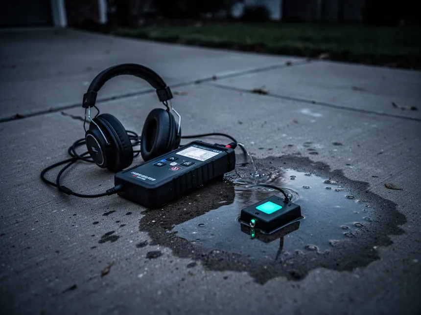 Handheld acoustic water leak detector and ground sensor on a concrete driveway
