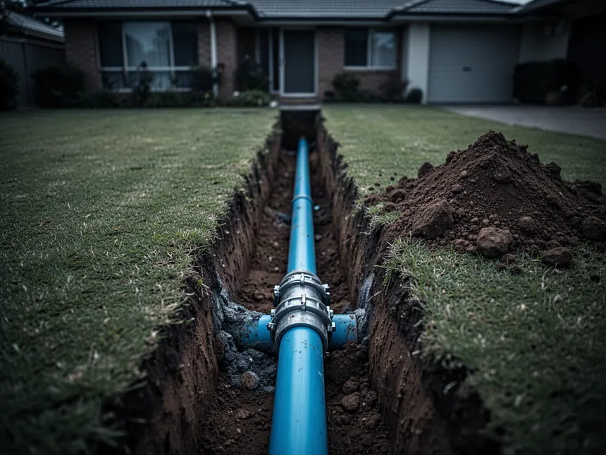 Narrow excavation in a lawn exposing a repaired water pipe with a new coupling