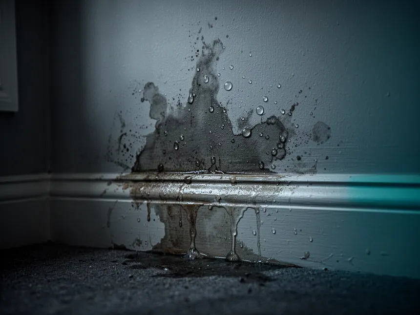 Damp stain and bubbling paint on an interior wall above the skirting board