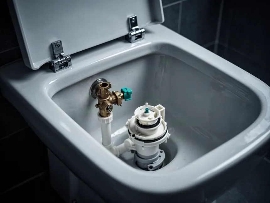 Open toilet cistern with a newly fitted inlet valve and flush valve