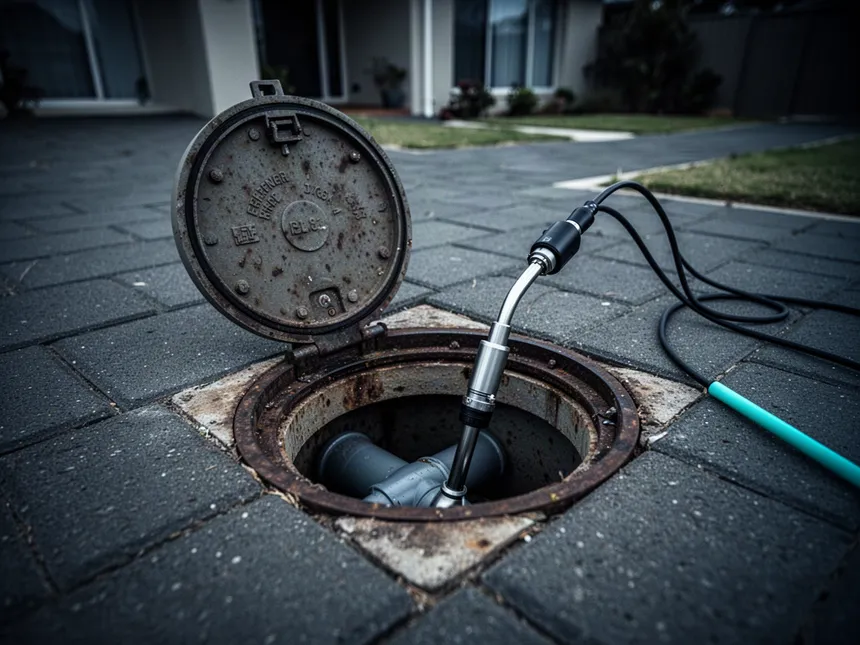 Open drain inspection point with a drain camera cable fed into the pipe