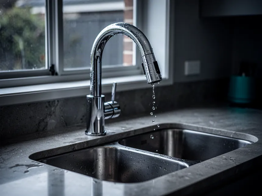 New chrome mixer tap installed over a stainless steel kitchen sink
