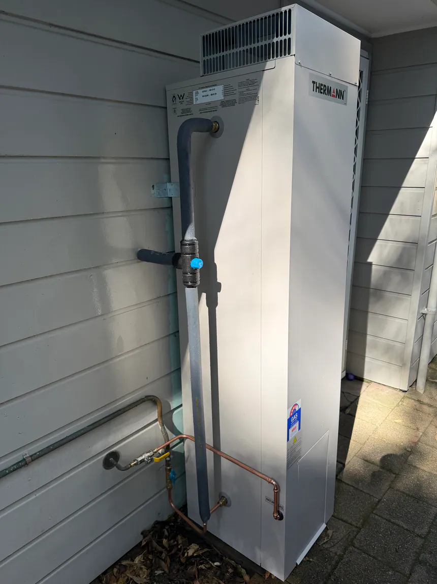Externally mounted gas hot water system installed by Vicinity Plumbing